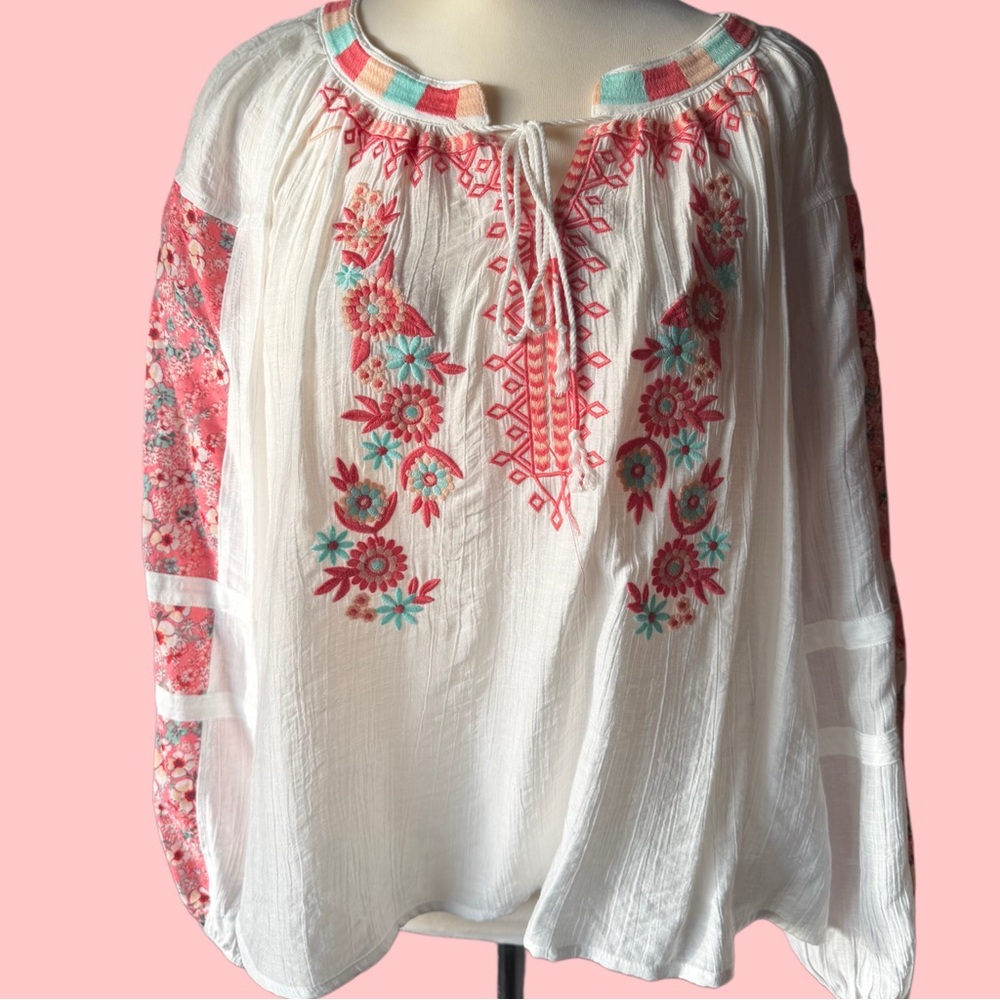 Easel Floral Embroidered Blouse - White and Pink
